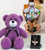 Size Özel Renkli LED Işıklı Ayıcık Buketi, Renkli Anka Kuşu Kolye ve 50 cm Mor Peluş Ayıcık