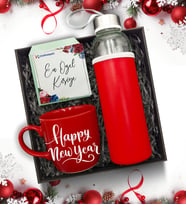 Yılbaşına Özel Happy New Year Temalı Kırmızı Kupa & H2O Kılıflı Cam Suluk Hediye Seti (Model 1)