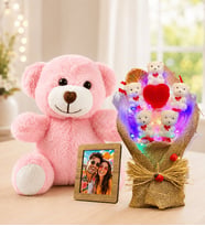 Kişiye Özel Fotoğraflı Renkli LED Ayıcık Buketi ve Pembe Peluş Ayıcık Kadına Hediye