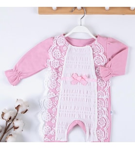 3-9 Ay Kız Bebek Tulumu Gofra Fransız Güpürlü Pembe