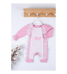 3-9 Ay Kız Bebek Tulumu Gofra Fransız Güpürlü Pembe