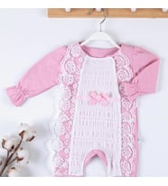 3-9 Ay Kız Bebek Tulumu Gofra Fransız Güpürlü Pembe