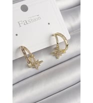 Pirinç Gold Renk Zirkon Taşlı Halka Model Yıldız Detay Kadın Küpe - TJ-BKP9989