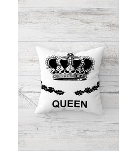 Queen Yazılı Taçlı Çift Tarafı Baskılı Gizli Fermuarlı Yastık Kılıfı Kırlent Koltuk Yastık Kılıfı (Beyaz)