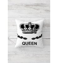 Queen Yazılı Taçlı Çift Tarafı Baskılı Gizli Fermuarlı Yastık Kılıfı Kırlent Koltuk Yastık Kılıfı (Beyaz)