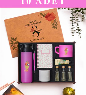Kadınlar Günü 10’lu Set   – Cam Suluk, Fincan, Defter,Mum, Kahve ve Kolonya