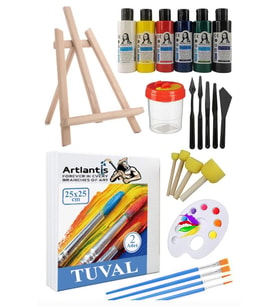 25x25 Tuval Seti 1 Paket Masa Üstü Şövale Monalisa Akrilik Boya Plastik Spatula Resim Fırçası Palet Ponpon Sünger Fırça (Beyaz)