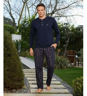 Pijamoni Erkek Standart Kalıp Pamuklu Düğme Yaka Uzun Kol Baharlık Pijama Takımı 6300/8L - 1 Adet (Lacivert)