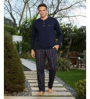 Pijamoni Erkek Standart Kalıp Pamuklu Düğme Yaka Uzun Kol Baharlık Pijama Takımı 6300/8L - 1 Adet (Lacivert)