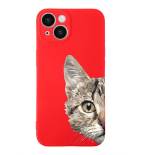 Apple iPhone 14 Plus Uyumlu Lansman Kılıf Catface Tasarımlı İçi Kadife Kapak-Kırmızı (Şeffaf)