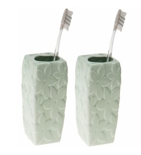 2 ADET SERAMİK DİŞ FIRÇALIK ÇİÇEKLİ SU YEŞİLİ 7X7X12CM  BANYO SETİ