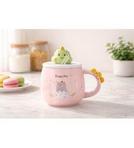 Sevimli Dinozor Kapaklı Seramik Kupa Bardak 500 ML Pipetli Mousse Tasarımlı Kahve & Çay Kupası (Pudra Pembe)