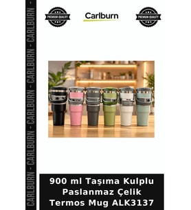 Özel Üretim 900 ml Taşıma Kulplu Paslanmaz Çelik Termos Mug - Vakumlu Isı Yalıtımlı Bardak ALK3137