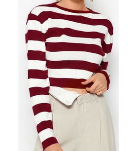 Stil Modern Kadın Crop Standart Kol Bisiklet Yaka Basic Çizgili Triko Kazak (Bordo)