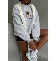 Neşeli butik kadın gri içi pamuklu nakış detaylı sweat NBG035