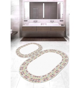 Dijital Baskılı Kaymaz Taban Yıkanabilir Oval 2'li Klozet Takımı Banyo Paspası NOKZ-HY-1056 (Beyaz)