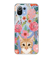 Xiaomi Mi 11 Lite Uyumlu Kedi ve Çiçek Desenli Şeffaf Telefon Kılıfı