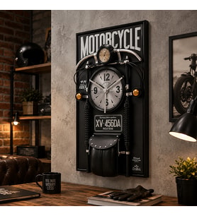 Siyah Motosiklet Temalı Dekoratif Duvar Saati – Vintage Motor Tasarımlı Büyük Boy Duvar Dekoru 120x60x18 Cm