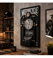 Siyah Motosiklet Temalı Dekoratif Duvar Saati – Vintage Motor Tasarımlı Büyük Boy Duvar Dekoru 120x60x18 Cm