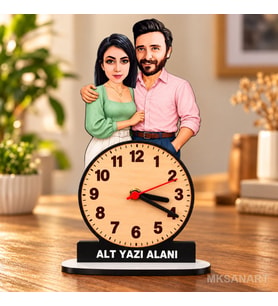 Fotoğraftan Tasarlanan 2 Kişilik Çift Karikatürlü 18 cm MDF Dikey Masa Saati - Sevgiliye ve Eşe Hediye Sevgililer Günü ve Yıl Dönümü Hediyesi Mint