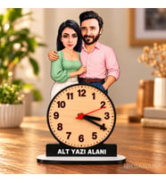 Fotoğraftan Tasarlanan 2 Kişilik Çift Karikatürlü 18 cm MDF Dikey Masa Saati - Sevgiliye ve Eşe Hediye Sevgililer Günü ve Yıl Dönümü Hediyesi Mint