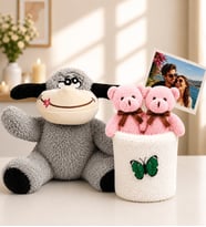 Kişiye Özel Fotoğraflı 2'li Peluş Ayıcık Buketi ve Peluş Eşek Hediye Seti