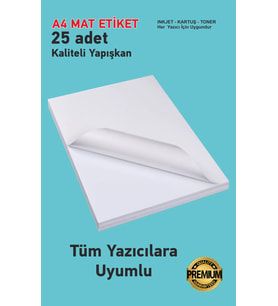 25 Adet Yapışkanlı Mat A4 Etiket Kartuşlu Mürekkepli Tüm Yazıcıla