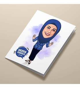 Kişiye Özel Lacivert Başörtülü Kadın Karikatürlü Tebrik Kartı