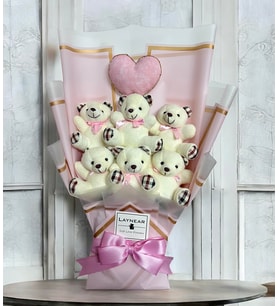 Premium Yumoş Pembe Peluş Ayıcık Buketi Kalp Yastıklı
