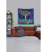 Multirenk Hayat Ağacı Leke Tutmaz Kadife Kumaş Duvar Örtüsü Duvar Halısı Tapestry (Mor-Yeşil)
