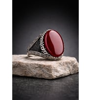 925 AYAR OVAL AKİK TAŞLI ERKEK GÜMÜŞ YÜZÜK (Gri)