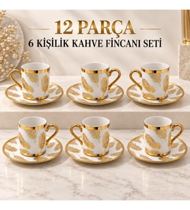 Valkyrie 12 Parça 6 Kişilik 80 ml Türk Kahvesi Fincan Takımı Gold Yaprak Desenli K654-B