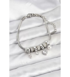 Pirinç Gümüş Renk Kalp Charmlı Kadın Bileklik - TJ-BB8208