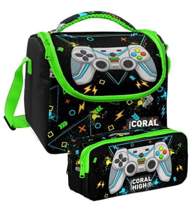 Coral High Siyah Fosforlu Yeşil Gamer Desenli Erkek Çocuk Isı Yalıtımlı Beslenme Çantası ve Kalemlik Seti