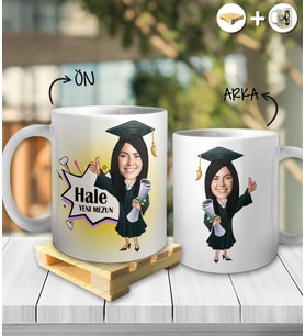 Kişiye Özel İsimli Kadın Mezun Karikatür Tasarım Beyaz Kupa ve Ahşap Palet Altlığı Hediyeli Kupa Bardak oh1032