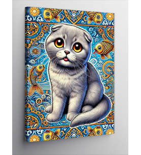 Kanvas Tablo Kedi ve Mavi Desenler