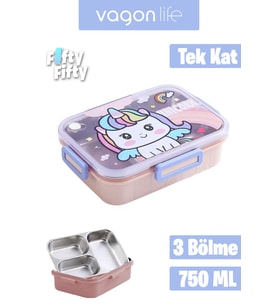 Vagonlife Lunch Box 750 ML (Sızdırmaz,Karışmaz Üç Bölmeli) Yeni Nesil Sefer Tası-FFLBOX50555 (Pudra)