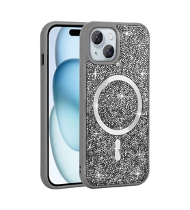 iPhone 13/14 Kılıf Pırlanta Tasarımlı M-safe Şarj Özellikli Mozaik Silikon Kapak (Gri)
