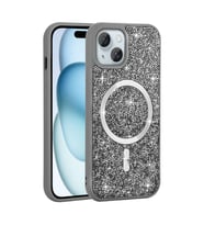 iPhone 13/14 Kılıf Pırlanta Tasarımlı M-safe Şarj Özellikli Mozaik Silikon Kapak (Gri)