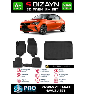 S-Dizayn Opel Corsa F 3D Pro Havuzlu Paspas ve Üst Bagaj Havuzu Seti (2'li SET) 2019 Üzeri A+ Kalite