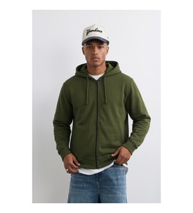 Erkek Fermuarlı Kapüşonlu İçi Polarlı Haki Sweatshirt