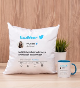 Kişiye Özel Twitter Tasarım Fotoğraflı Kare Yastık ve Mavi Kupa