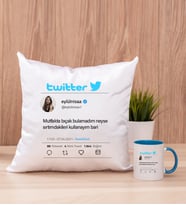 Kişiye Özel Twitter Tasarım Fotoğraflı Kare Yastık ve Mavi Kupa