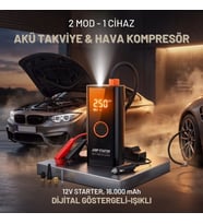 Akü Takviye Cihazı ve Lastik Şişirme Pompası – Powerbank Özellikli, Dijital Ekranlı SOS Fenerli Taşınabilir Kompresör (5343)