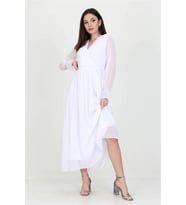 Neşeli Butik Kadın Beyaz Yeni Sezon Astarlı Kruvaze Yaka Uzun Şifon Elbise NB003