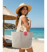 Faralya Life Çıtçıtlı Çift Saplı Kısa ve Uzun Sap Lacivert Çizgili %70 Pamuk %30 Polyester Çift Cepli 50*42 Ölçüde Omuz Çantası Çok Amaçlı Kadın Çanta Plaj Çantası