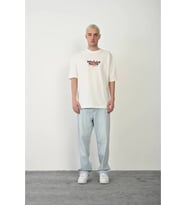 Unisex Bisiklet Yaka Baskılı Oversize T-Shirt - Beyaz