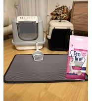 Dörtlü Set Gri Kedi Tuvaleti, Elekli Standart Kum Paspası, Taşıma Kafesi, Proline Kedi Kumu