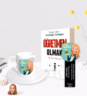 BK Gift Kişiye Özel Kadın Sınıf Öğretmeni Karikatürlü Türk Kahvesi Fincanı Ahşap Kitap Ayracı ve Öğretmen Olmak Kitabı Hediye Seti-1