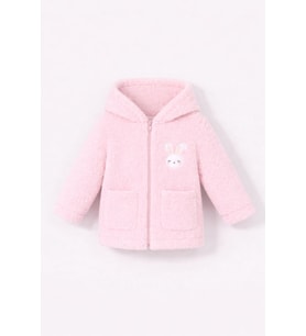 Kız Bebek Tavşan Nakışlı Fermuarlı Cepli Peluş Welsoft Kışlık Hırka - Beyaz